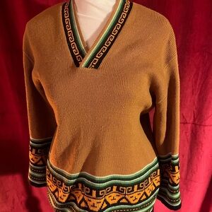 Peruvian Brown V-Neck Sweater with Patterned Accents